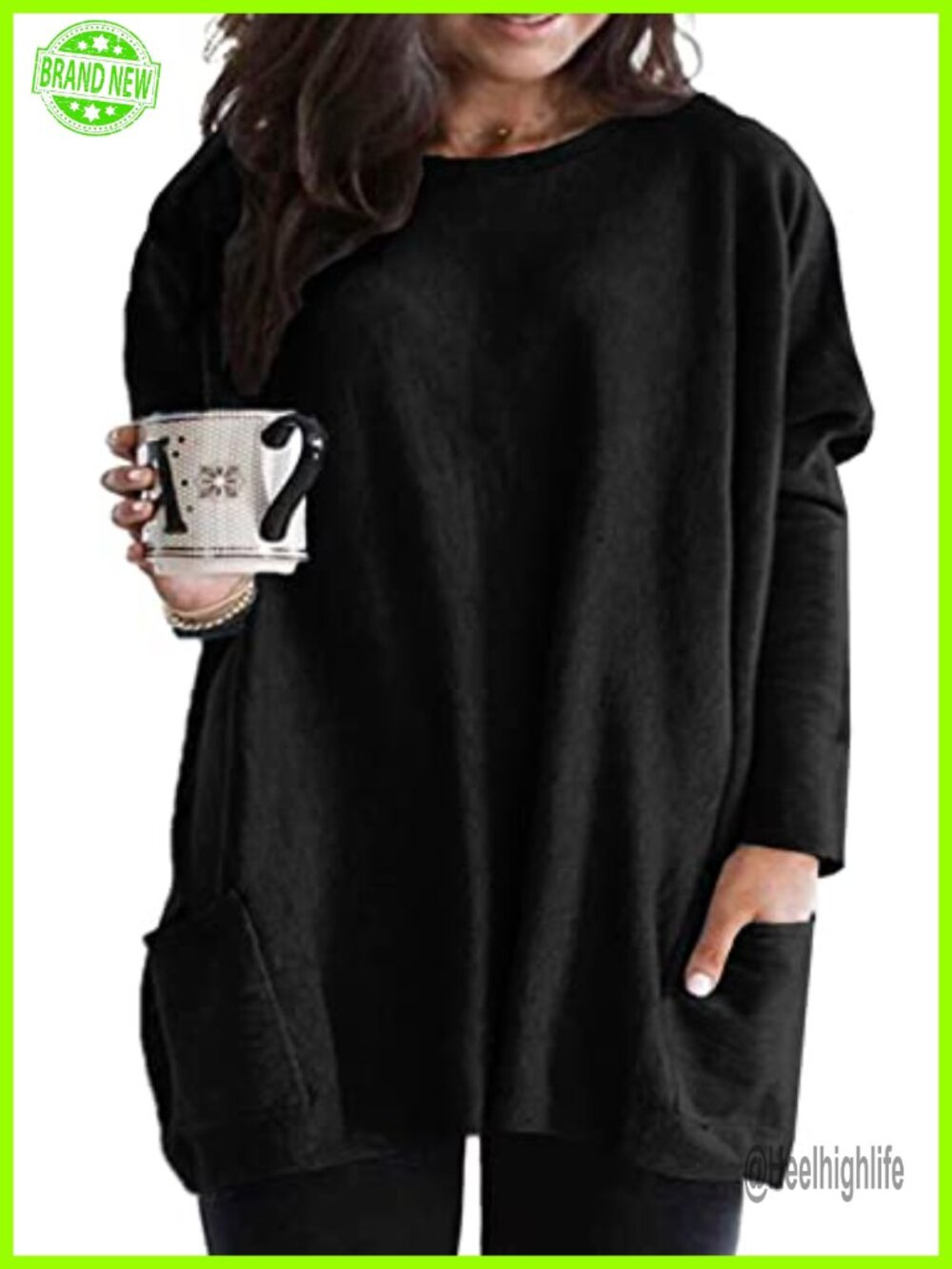 Plus Size Long Sleeve Tunic Top with Pockets Polyester Elastane